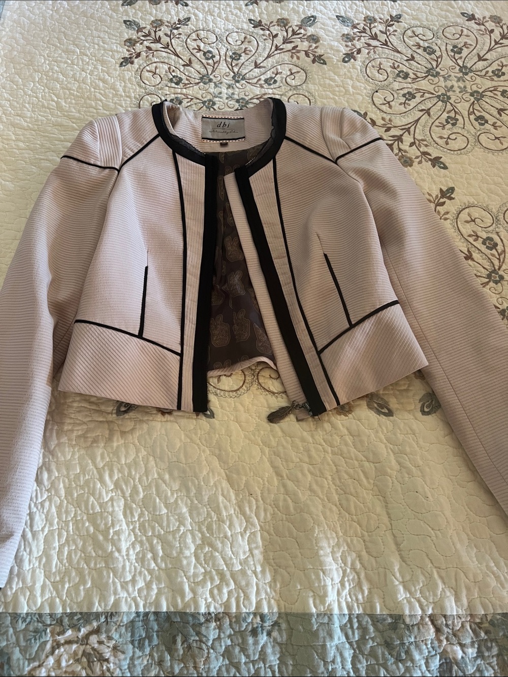 Blush Pink Cropped Jacket with Black Trim